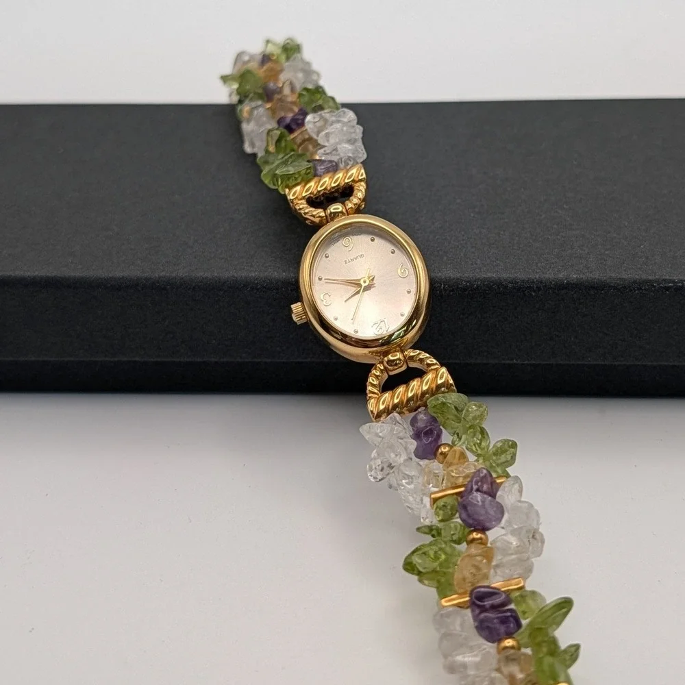 Quartz Crystal Mixed Gemstone Bracelet Watch Gold Tone Japanese Movement 7